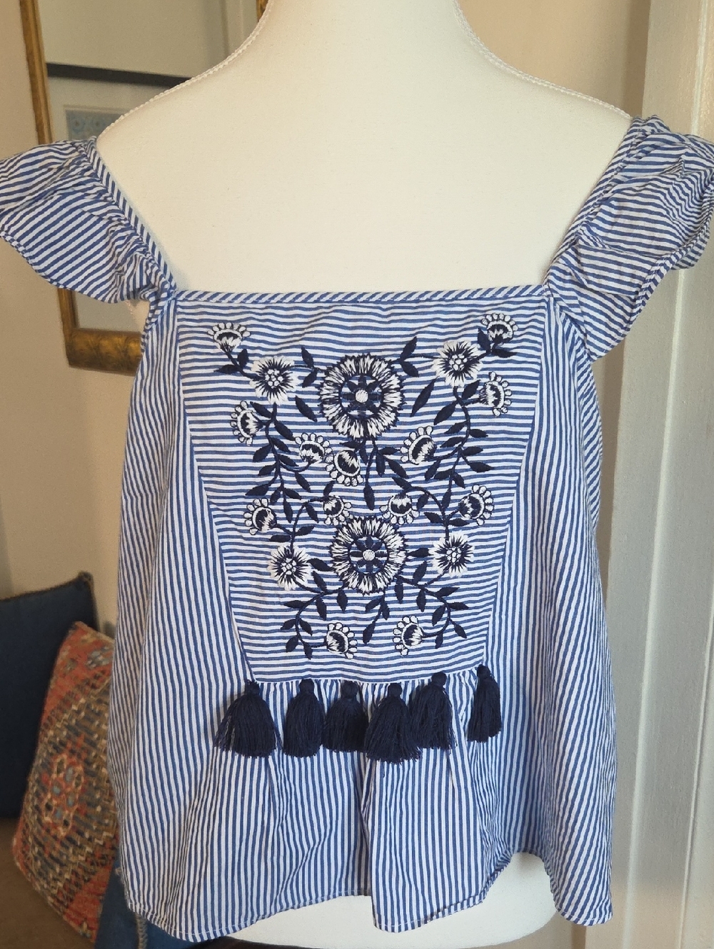 Zara Embroidered Flutter Sleeve Top - Nautical Boho